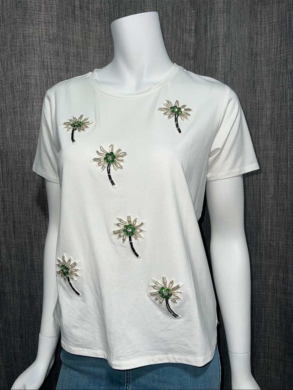 Mesh + Love Crystal Embellished Short Sleeve White Tee Small NWT